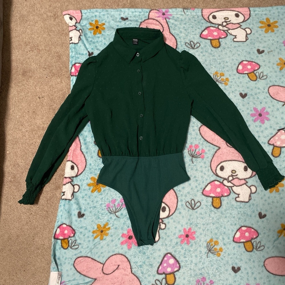 SHEIN Dark Green Long-Sleeve Button Front Ribbed Bodysuit